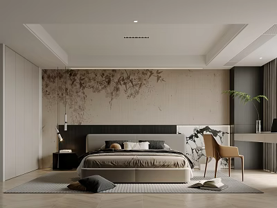 Modern Bedroom Interior With Comfortable Bed Artistic Wall Accent Chair And Indoor Plant 3d model