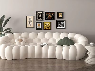 Modern White Petal Shaped Sectional Sofa With Flower Green Cushions Wall Art And Indoor Plant 3d model