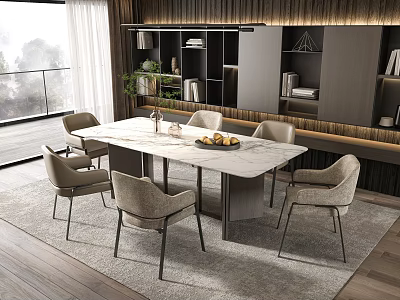 Modern Dining Table Set With Marble Top And Upholstered Chairs In Bright Room 3d model