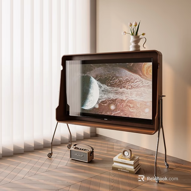 Wooden Cabinet Shelf With Planetary Screen Radio Books And Vase In Living Room 3d model 