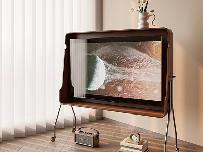 Wooden Cabinet Shelf With Planetary Screen Radio Books And Vase In Living Room 3d model