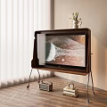 Wooden Cabinet Shelf With Planetary Screen Radio Books And Vase In Living Room