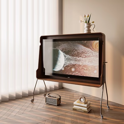 Wooden Cabinet Shelf With Planetary Screen Radio Books And Vase In Living Room 3d model