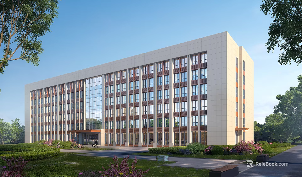 Modern Office Building Exterior Featuring Large Windows Glass Curtain Wall And Surrounding Greenery 3d model 