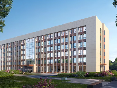 Modern Office Building Exterior Featuring Large Windows Glass Curtain Wall And Surrounding Greenery 3d model