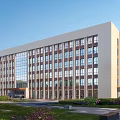 Modern Office Building Exterior Featuring Large Windows Glass Curtain Wall And Surrounding Greenery