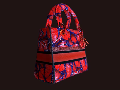 Vibrant Red And Blue Patterned Handbag With Black Stripe And Top Handles 3d model