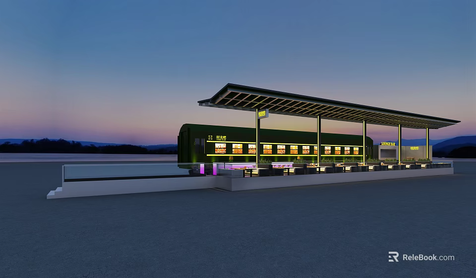 Evening Outdoor Restaurant With Covered Patio Twilight Sky And Mountain View Lighting 3d model 