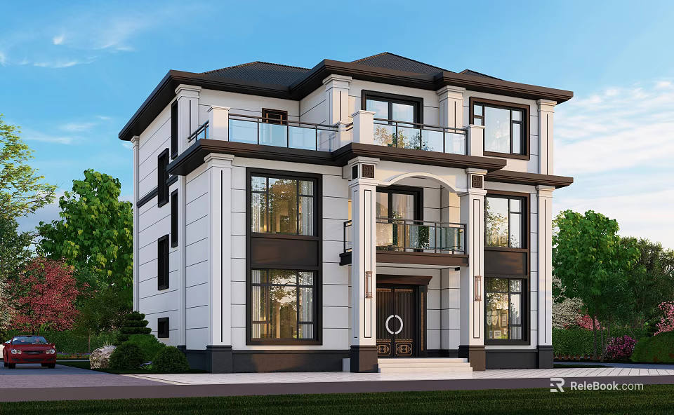 Modern Two Story Detached Villa with Large Windows Balconies Entrance Porch and Greenery 3d model 