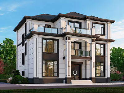 Modern Two Story Detached Villa with Large Windows Balconies Entrance Porch and Greenery 3d model