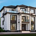 Modern Two Story Detached Villa with Large Windows Balconies Entrance Porch and Greenery