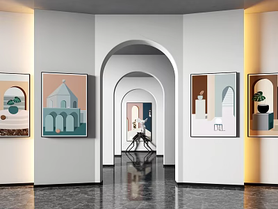 Modern Art Gallery With Arched Doorways And Artworks 3d model
