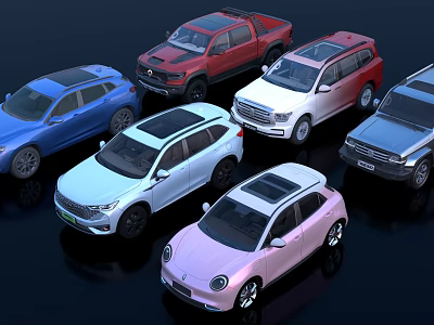 Different Models of Various Colored Cars Including SUVs and Pickup Trucks 3d model