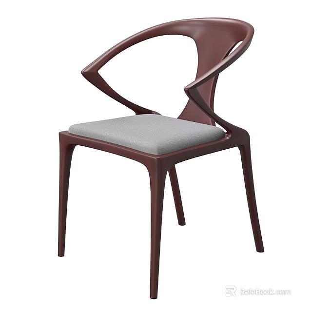 Modern Curved Armrest Accent Chair With Dark Brown Wooden Frame And Gray Fabric Cushion 3d model 