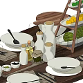 Complete Dinnerware Set With White Plates Bowls Cutlery And Fruit Stand On Wooden Table