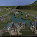 Aerial Planning of Resort Town with European Architecture River Bridge and Green Spaces