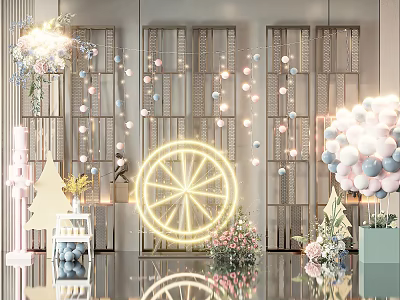 Lemon Shaped Lighted Inflatable with Balloons Flower Bouquets and Hanging Lights for Event Decoration 3d model