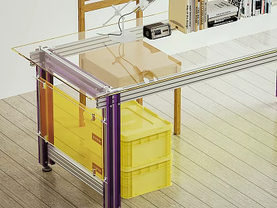 Modern Dining Table With Glass Tabletop Purple Metal Frame And Yellow Storage Bins 3d model