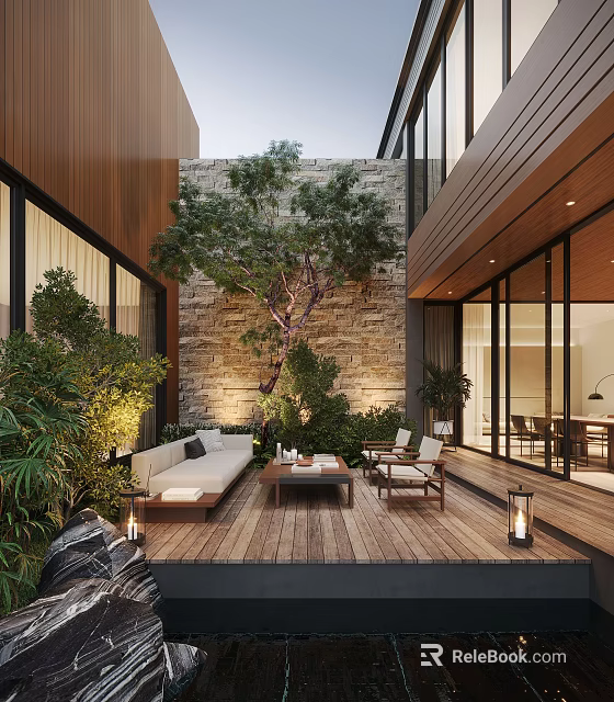 Modern Outdoor Garden Landscape With Wooden Deck Comfortable Sofa Coffee Table And Stone Wall 3d model 