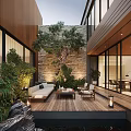 Modern Outdoor Garden Landscape With Wooden Deck Comfortable Sofa Coffee Table And Stone Wall