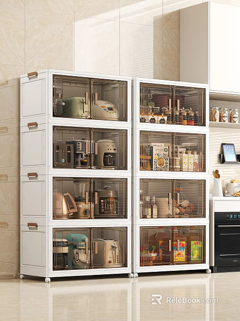 White Kitchen Cabinet With Clear Doors Organizing Various Kitchen Supplies 3d model 