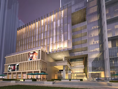 Modern Office Building with Glass Facade Illuminated Lights Large Billboards Plaza and Green Umbrella Seats 3d model