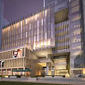 Modern Office Building with Glass Facade Illuminated Lights Large Billboards Plaza and Green Umbrella Seats
