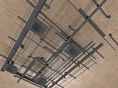 Industrial Metal Pipes Network On Ceiling With Brick Wall Background 3d model