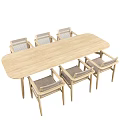 Natural Wooden Dining Table Set With Woven Rattan Chairs And Beige Cushions