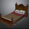 Classic Wooden Bed With Carved Headboard Column Design Brown Quilt Red Blanket And White Pillows