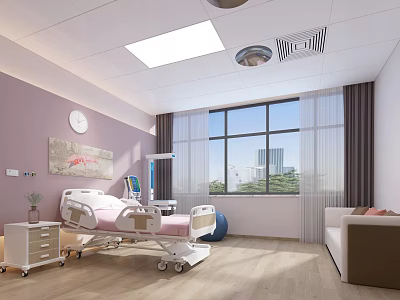Modern Hospital Outpatient Clinic Featuring Pink Walls White Medical Beds Wooden Flooring And Large Windows 3d model