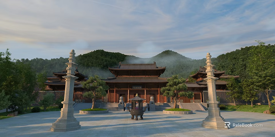 Ancient Chinese Architecture In Courtyard With Stone Pillars Incense Burner And Mountains 3d model 