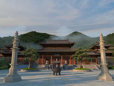 Ancient Chinese Architecture In Courtyard With Stone Pillars Incense Burner And Mountains 3d model