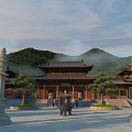 Ancient Chinese Architecture In Courtyard With Stone Pillars Incense Burner And Mountains