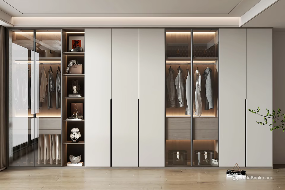 Modern Wardrobe Interior Design With Glass Doors Hanging Clothes And Storage Shelves 3d model 