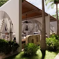 Elegant Outdoor Cabana Space With Palm Trees Arched Curtains And Dining Seating