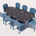 Modern Dining Table Set With Marble Top And Six Blue Chairs 3d model