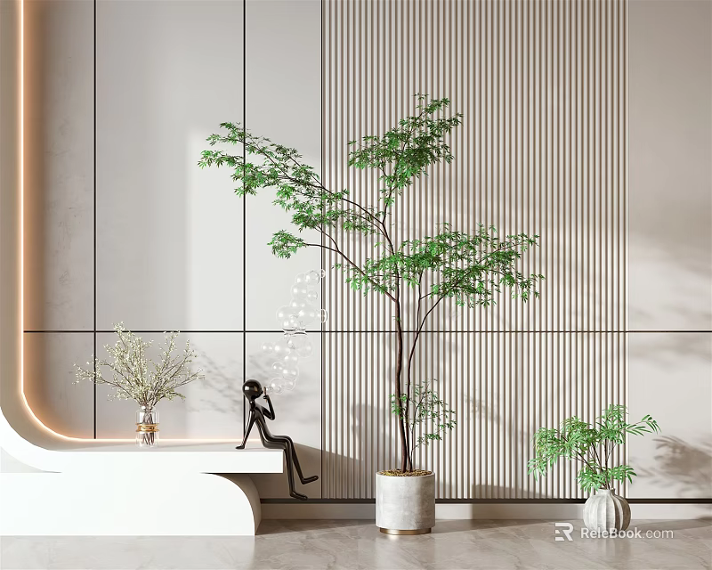 Modern Interior With Large Bonsai Plant In White Pot And Small Potted Greenery 3d model 