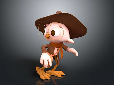 Cute Cartoon Bird Character With Cowboy Hat Glasses Vest And Yellow Feet 3d model