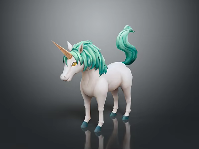 Cute White Unicorn Toy With Green Mane Tail And Golden Horn On Gray Background 3d model