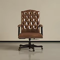 Brown Leather Office Chair With Tufted Backrest Swivel Design And Armrests On Wheels