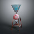 Teal Conical Top Industrial Equipment With Red Circular Component And Tripod Stand