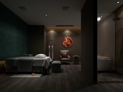 Modern SPA Sauna Room Interior With Massage Bed Bathtub And Circular Painting 3d model