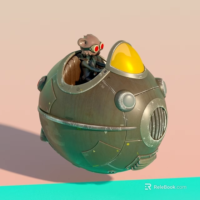 Cartoon Monkey Character In Green Spherical Vehicle With Red Goggles And Yellow Windshield 3d model 