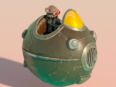 Cartoon Monkey Character In Green Spherical Vehicle With Red Goggles And Yellow Windshield 3d model