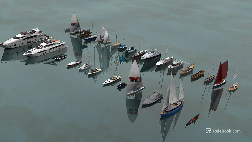 Scenic Yacht Marina With Various Sailboats And Boats On Calm Water Reflections 3d model 