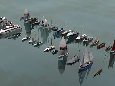 Scenic Yacht Marina With Various Sailboats And Boats On Calm Water Reflections 3d model