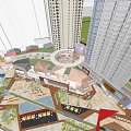 Modern Commercial Complex With Tall Buildings Open Plaza Dining Areas And Central Entrance