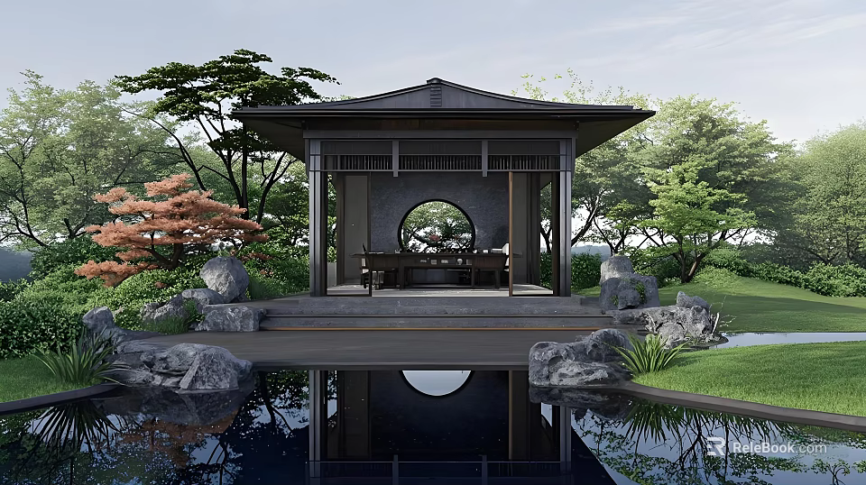 Ancient Architectural Pavilion With Circular Window And Pond Surrounded By Trees 3d model 