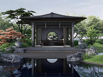 Ancient Architectural Pavilion With Circular Window And Pond Surrounded By Trees 3d model